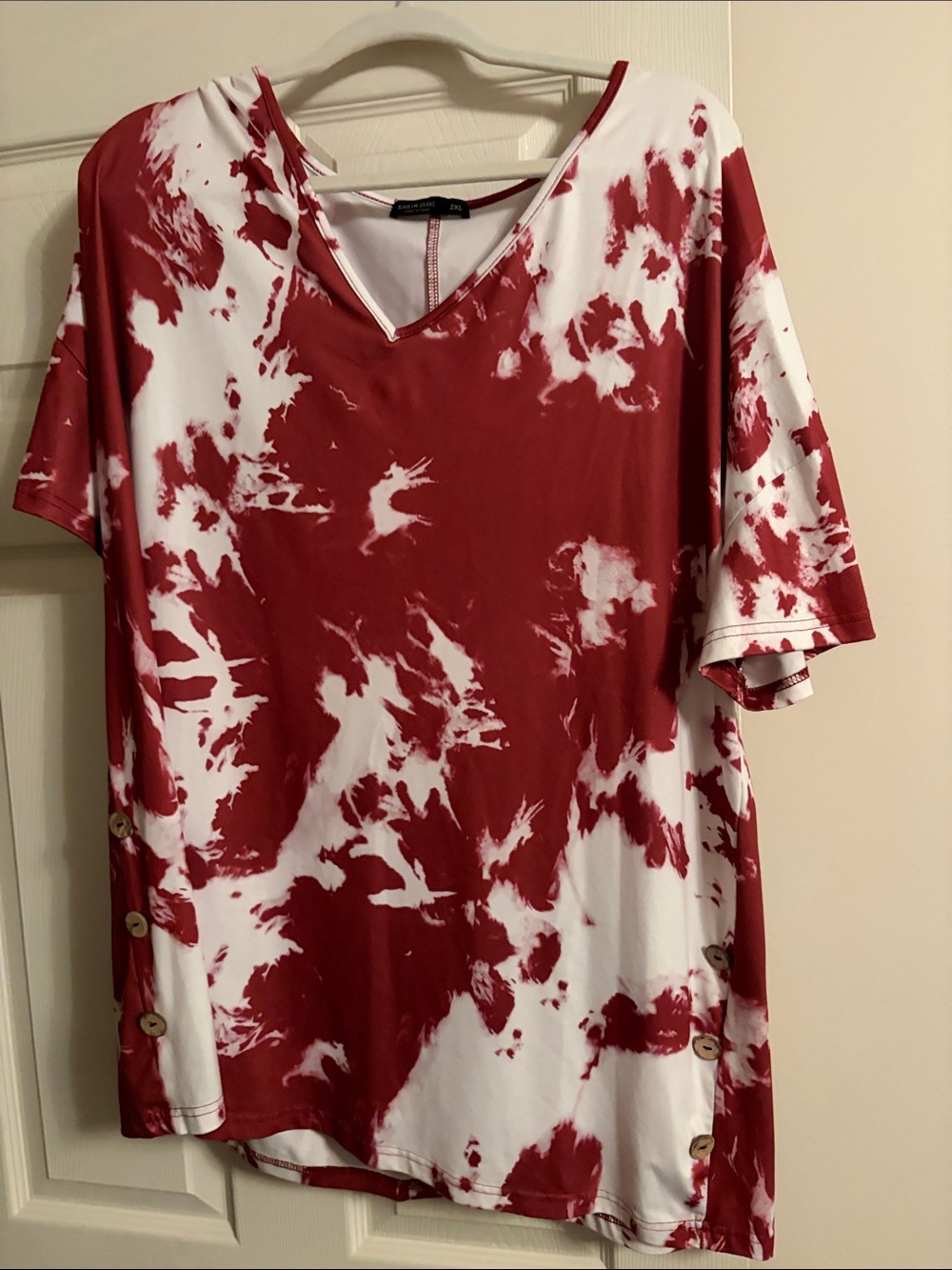 SHEIN Red & White Tie-Dye V-Neck Long Sleeve Dress